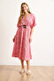 Women's Dusty Rose Belted Double Breasted Collar Bat Slit Midi Dress Elb-19002458 - 4