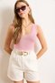 Women's Pink Deep V Neck Lace Detail Cotton Blouse Blz-19003038