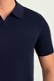 Men's Matte Navy Blue Slim Fit Ribbed Polo Neck Knitwear T-Shirt - 2