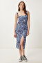Patterned Strap Midi Viscose Dress Blue Black Lfg0015