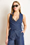 Women's Navy Blue Wrap Collar Lined Denim Vest Ylk-19000073 - 2