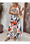 Women's Long Dress with Drawstring Straps - Wide V-Neck Floral Pattern Single Jersey Fabric - 2