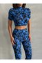 Women's Wave Pattern Blue Turtleneck Crop Blouse and Spanish Leg Pants Suit - 6