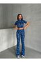 Women's Wave Pattern Blue Turtleneck Crop Blouse and Spanish Leg Pants Suit - 3