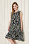 Women's Green White Leaf Patterned Circle Neck Skirt Ruffle Burmick Dress - 6