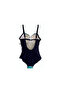 Women's Navy Blue Turquoise Yellow Feather Pattern Side Draped Large Size Swimsuit Hzl25S-Lc6243 - 4