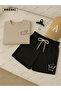 Women's Power Printed Cotton Beige T-Shirt-Black Shorts Set
