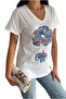 Women's White Balloon Elephant Pattern Colorful Sequins Sequin Embroidered V-Neck 100% Cotton T-Shirt - 4