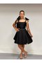 Girl's Evening Dress with Straps Black Shiny Fabric Short Strap Ribbon Detailed Evening Dress 10-15 Years