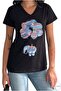 Women's Black Balloon Elephant Pattern Colorful Sequins Sequin Embroidered V-Neck 100% Cotton T-Shirt - 7