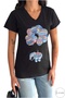 Women's Black Balloon Elephant Pattern Colorful Sequins Sequin Embroidered V-Neck 100% Cotton T-Shirt - 6