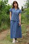 Ankle Length 100% Cotton Elastic Skirt with Pockets - Blue - 3