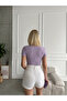 Women's Lilac V Neck Short Sleeve Viscose Elasthane Drawstring Shirring Camisole Crop - 5