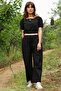 Wide Leg 100% Cotton Elastic Pocket Trousers - Black - 4