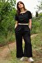 Wide Leg 100% Cotton Elastic Pocket Trousers - Black - 3