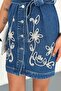 Women's Blue Belted Embroidery Embroidered Denim Jeans Dress - 8