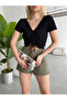 Women's Black V Neck Short Sleeve Viscose Elasthane Drawstring Shirred Camisole Crop - 3