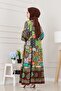 Half Button Robe Patch Pattern Dress-Brown - 5
