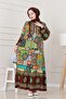 Half Button Robe Patch Pattern Dress-Brown - 2