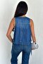 Women's Blue Buttoned Pocket Design Denim Vest - 4
