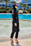 Black Fully Covered Hijab Swimsuit with Stopper, Water Drain and Judge Collar - 5