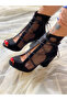 Happy Black Cow Suede Mesh Detail 10 cm Heel Summer Boots Sandals - 2