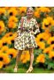 Big Owl Patterned Envelope Double-Breasted Mini Dress with Belt - Khaki and White - 2
