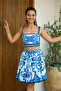 Blue Patterned Short Skirt Crop Set - 5