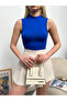 Women Sax Blue Turtleneck Sleeveless Blouse - 2