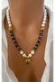 Natural Stone Black Gray Varasite Stone & White Gold Plated Design Pendant Women's Necklace - 4