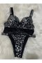 Boutique Diamond Women's Leopard Print Padded Tulle Detailed Stone Strap Bra Set - 4