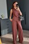 Pinterest Design Slit One Shoulder Asymmetrical Blouse Tie-Up Wide Leg Pants Double Linen Suit - 5
