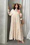 Women's Beige Patched Collar Gilded Shiny Patterned Balloon Sleeves Long Ethnic Authentic Long Dress