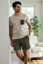 Beige-Khaki Regular Fit Striped Knitted Shorts Pajama Set Tmnss25Pt00036