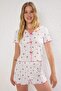 Beyaz-Pembe %100 Pamuklu Çiçekli Kurdele/Fiyonklu Fitilli Şortlu Örme Pijama Takımı THMSS25PT00434