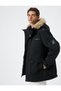Faux Fur Hooded Anorak Coat - Pocket and Snap Button
