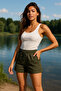 Women's Khaki Tie Detailed Mini Linen Shorts - 3