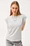 100% Cotton Women's Stone Color Wadding Look Bat Crew-Neck T-Shirt with Underarm Sequins - 4