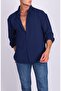 Dark Blue Ayrobin Textured Owersize Linen Men's Shirt - 2