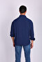 Dark Blue Ayrobin Textured Owersize Linen Men's Shirt - 6