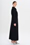 Satin Garnished Buttons Lined with Stones Large Size Top Coat Black 6719 - 5
