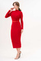 Flexible Sandy Fabric Tulle Low-cut Detailed High Collar Long Sleeve Midi Length Red Pencil Dress 10957 - 7