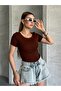 Women's Boat Neck Brown Short Sleeve Blouse - 2
