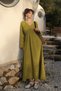 Women's V-Neck Waist Gipeli Wide Sleeve Slit Detail Long Cotton Muslin Dress - 2