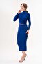 Long Sleeve, Flexible Sandy Fabric, High Collar, Transparent Low-cut Midi Length Cobalt Blue Evening Dress 10957 - 6