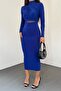 Long Sleeve, Flexible Sandy Fabric, High Collar, Transparent Low-cut Midi Length Cobalt Blue Evening Dress 10957 - 4