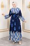 Color Garnished Hijab Long Hijab Dress Tsd250143 Navy Blue - 3