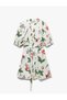 Cotton Pocket Waistband Detail Short Balloon Sleeve Floral Poplin Mini Dress - 3