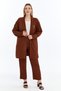 Plus Size Women's Summer Double Brooch Mother Suit Breathable Wrinkled Fabric Pants Cardigan Brown - 4