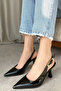 Women's Black Patent Leather Buckle Pointed Heeled Shoes - 5